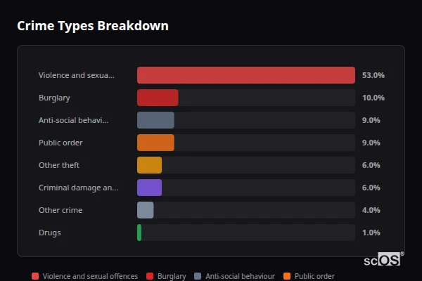 Crime Types Breakdown - Malborough Crime Types Breakdown for Malborough - showing Violence and sexual offences (53%), Burglary (10%), Anti-social behaviour (9%)