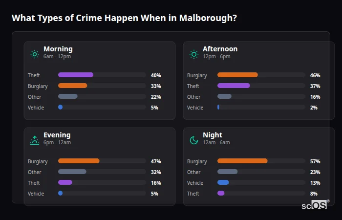 What Types of Crime Happen When in Malborough? Crime types by time period for Malborough - showing breakdown of burglary, violence, theft, and vehicle crime by morning, afternoon, evening, and night
