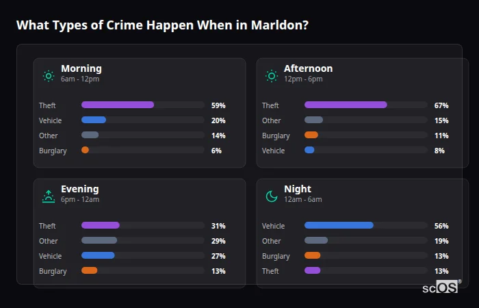 What Types of Crime Happen When in Marldon? Crime types by time period for Marldon - showing breakdown of burglary, violence, theft, and vehicle crime by morning, afternoon, evening, and night