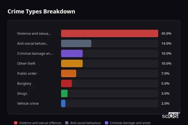 Crime Types Breakdown for Rural South Hams - showing Violence and sexual offences (45%), Anti-social behaviour (14%), Criminal damage and arson (10%)