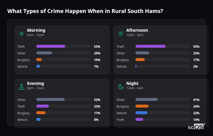 Crime types by time period for Rural South Hams - showing breakdown of burglary, violence, theft, and vehicle crime by morning, afternoon, evening, and night