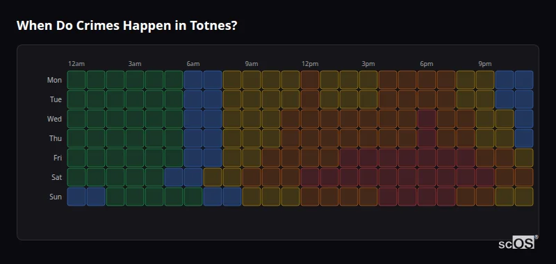 When Do Crimes Happen in Totnes? Crime time heatmap for Totnes - showing when crimes are most likely to occur by day and hour