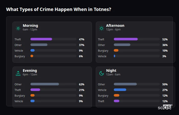 What Types of Crime Happen When in Totnes? Crime types by time period for Totnes - showing breakdown of burglary, violence, theft, and vehicle crime by morning, afternoon, evening, and night