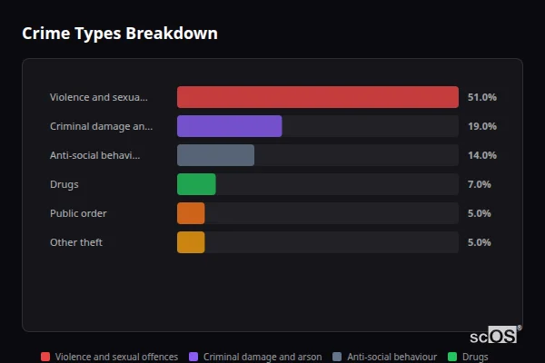 Crime Types Breakdown - Wembury Crime Types Breakdown for Wembury - showing Violence and sexual offences (51%), Criminal damage and arson (19%), Anti-social behaviour (14%)
