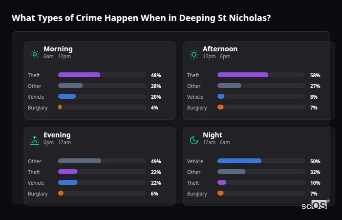 What Types of Crime Happen When in Deeping St Nicholas? Crime types by time period for Deeping St Nicholas - showing breakdown of burglary, violence, theft, and vehicle crime by morning, afternoon, evening, and night