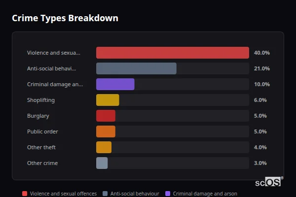Crime Types Breakdown for Donington - showing Violence and sexual offences (40%), Anti-social behaviour (21%), Criminal damage and arson (10%)