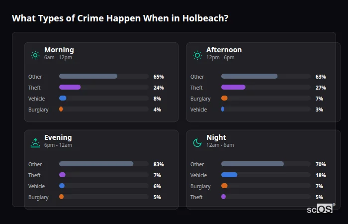 Crime types by time period for Holbeach - showing breakdown of burglary, violence, theft, and vehicle crime by morning, afternoon, evening, and night