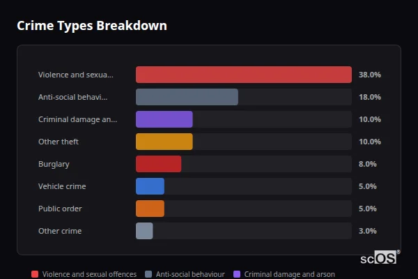 Crime Types Breakdown for Whaplode Drove - showing Violence and sexual offences (38%), Anti-social behaviour (18%), Criminal damage and arson (10%)