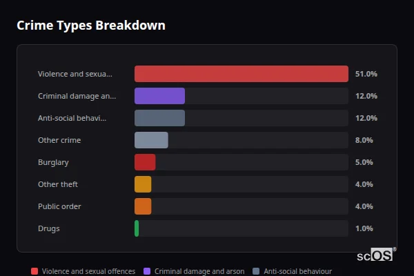Crime Types Breakdown - Whaplode Crime Types Breakdown for Whaplode - showing Violence and sexual offences (51%), Criminal damage and arson (12%), Anti-social behaviour (12%)