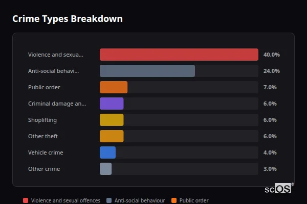 Crime Types Breakdown for Bourne - showing Violence and sexual offences (40%), Anti-social behaviour (24%), Public order (7%)