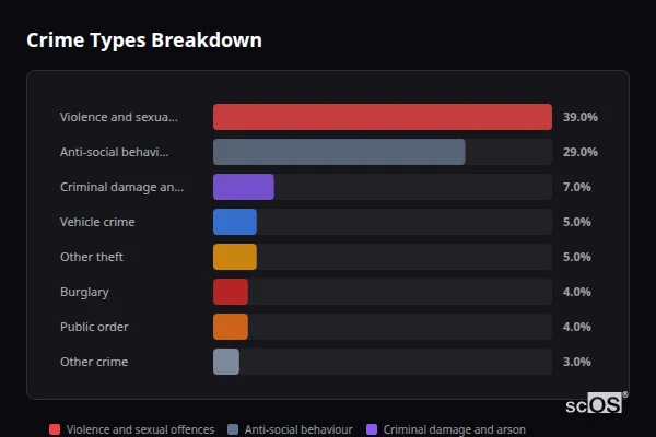 Crime Types Breakdown for Deeping St James - showing Violence and sexual offences (39%), Anti-social behaviour (29%), Criminal damage and arson (7%)