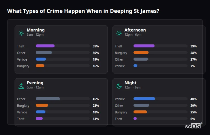 Crime types by time period for Deeping St James - showing breakdown of burglary, violence, theft, and vehicle crime by morning, afternoon, evening, and night