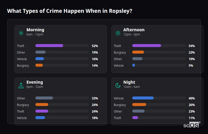 Crime types by time period for Ropsley - showing breakdown of burglary, violence, theft, and vehicle crime by morning, afternoon, evening, and night