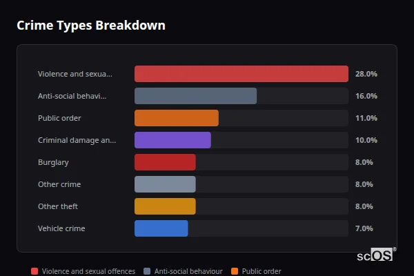 Crime Types Breakdown - South Witham Crime Types Breakdown for South Witham - showing Violence and sexual offences (28%), Anti-social behaviour (16%), Public order (11%)