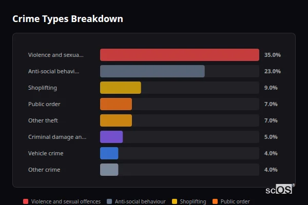 Crime Types Breakdown for Stamford - showing Violence and sexual offences (35%), Anti-social behaviour (23%), Shoplifting (9%)