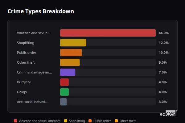 Crime Types Breakdown - Ambleside Crime Types Breakdown for Ambleside - showing Violence and sexual offences (44%), Shoplifting (12%), Public order (10%)