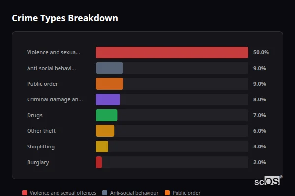 Crime Types Breakdown - Bowness-on-Windermere Crime Types Breakdown for Bowness-on-Windermere - showing Violence and sexual offences (50%), Anti-social behaviour (9%), Public order (9%)