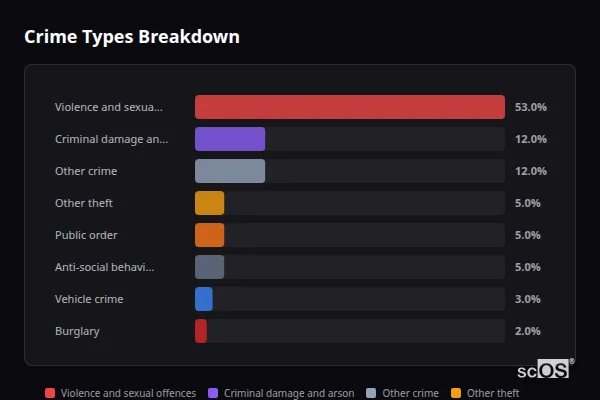 Crime Types Breakdown for Burneside - showing Violence and sexual offences (53%), Criminal damage and arson (12%), Other crime (12%)