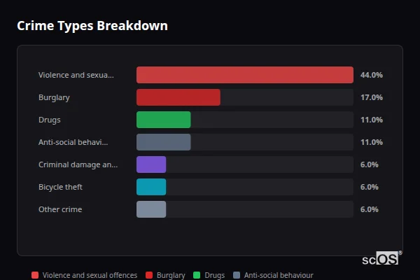 Crime Types Breakdown for Burton-in-Kendal - showing Violence and sexual offences (44%), Burglary (17%), Drugs (11%)