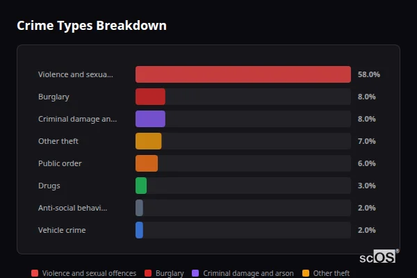 Crime Types Breakdown - Flookburgh Crime Types Breakdown for Flookburgh - showing Violence and sexual offences (58%), Burglary (8%), Criminal damage and arson (8%)