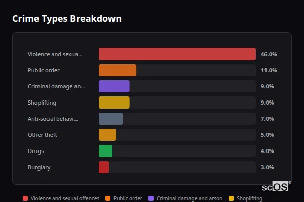 Crime Types Breakdown - Kendal Crime Types Breakdown for Kendal - showing Violence and sexual offences (46%), Public order (11%), Criminal damage and arson (9%)