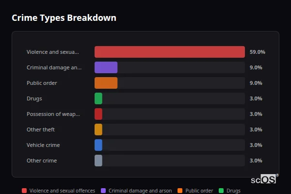Crime Types Breakdown for Kirkby-in-Furness - showing Violence and sexual offences (59%), Criminal damage and arson (9%), Public order (9%)