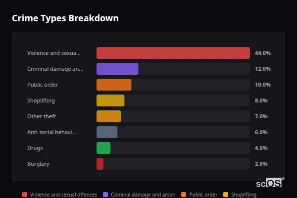 Crime Types Breakdown for Windermere - showing Violence and sexual offences (44%), Criminal damage and arson (12%), Public order (10%)