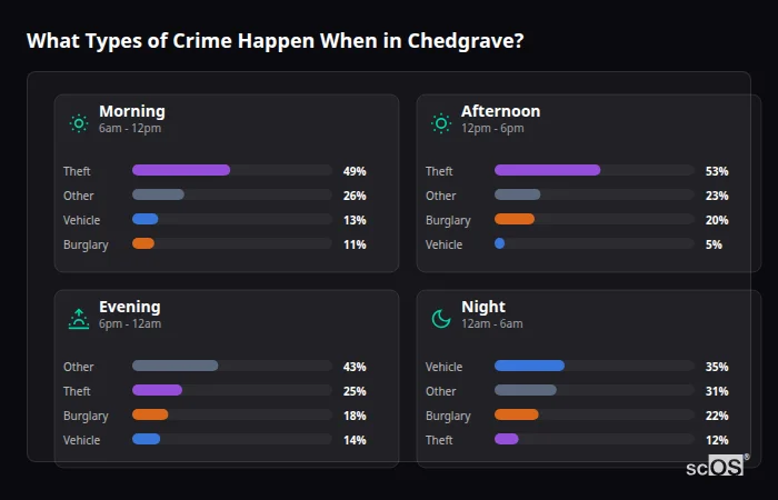What Types of Crime Happen When in Chedgrave? Crime types by time period for Chedgrave - showing breakdown of burglary, violence, theft, and vehicle crime by morning, afternoon, evening, and night