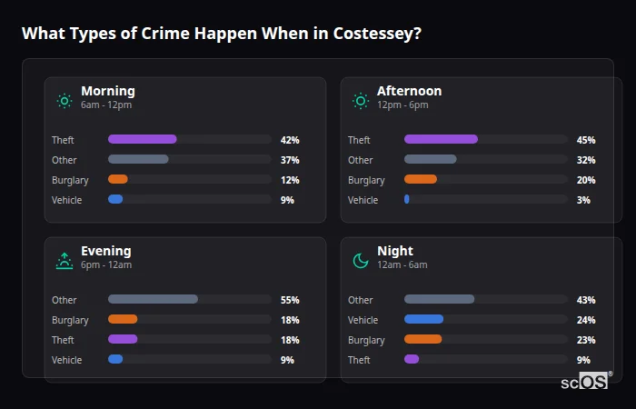 Crime types by time period for Costessey - showing breakdown of burglary, violence, theft, and vehicle crime by morning, afternoon, evening, and night