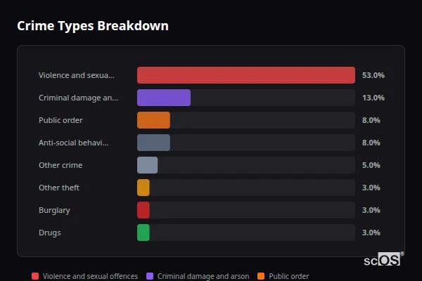 Crime Types Breakdown for Ditchingham - showing Violence and sexual offences (53%), Criminal damage and arson (13%), Public order (8%)
