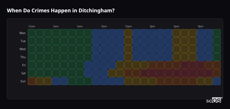 Crime time heatmap for Ditchingham - showing when crimes are most likely to occur by day and hour