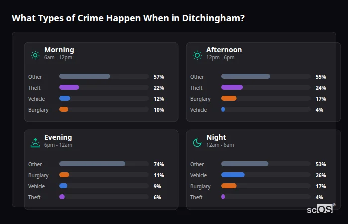 Crime types by time period for Ditchingham - showing breakdown of burglary, violence, theft, and vehicle crime by morning, afternoon, evening, and night