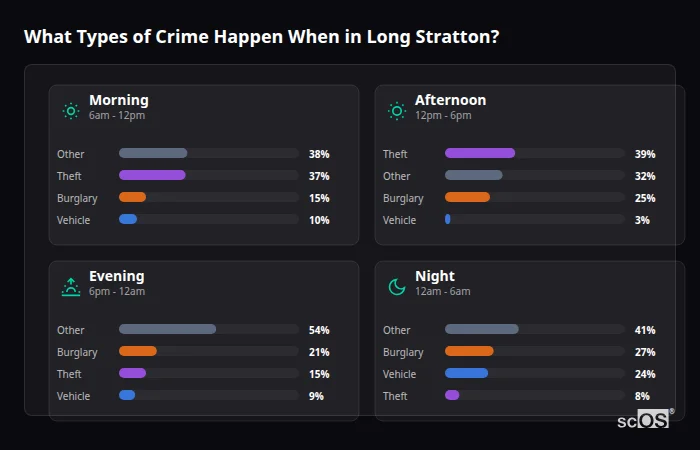 Crime types by time period for Long Stratton - showing breakdown of burglary, violence, theft, and vehicle crime by morning, afternoon, evening, and night