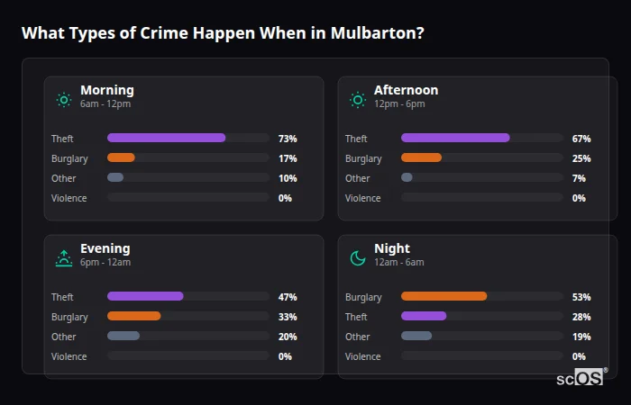 Crime types by time period for Mulbarton - showing breakdown of burglary, violence, theft, and vehicle crime by morning, afternoon, evening, and night