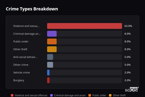 Crime Types Breakdown - Newton Flotman Crime Types Breakdown for Newton Flotman - showing Violence and sexual offences (63%), Criminal damage and arson (8%), Public order (8%)