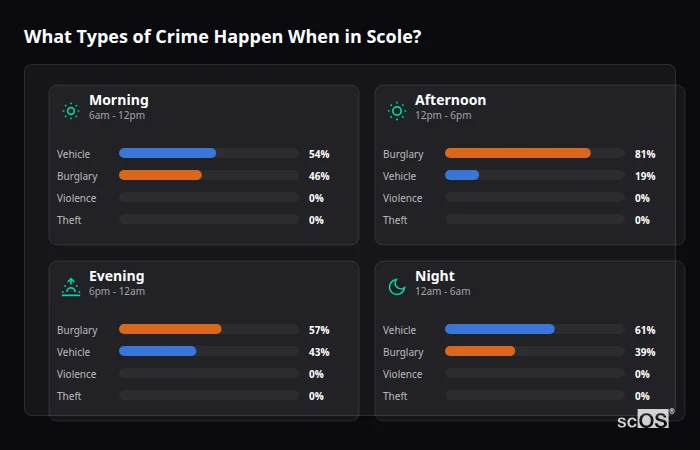 Crime types by time period for Scole - showing breakdown of burglary, violence, theft, and vehicle crime by morning, afternoon, evening, and night