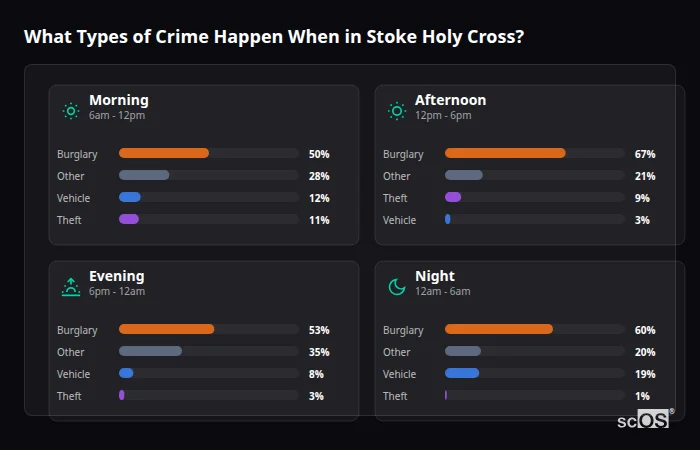 What Types of Crime Happen When in Stoke Holy Cross? Crime types by time period for Stoke Holy Cross - showing breakdown of burglary, violence, theft, and vehicle crime by morning, afternoon, evening, and night