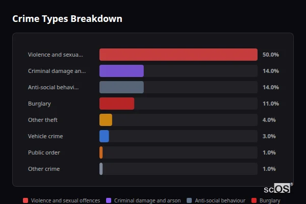 Crime Types Breakdown - Tacolneston Crime Types Breakdown for Tacolneston - showing Violence and sexual offences (50%), Criminal damage and arson (14%), Anti-social behaviour (14%)