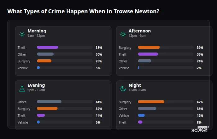 What Types of Crime Happen When in Trowse Newton? Crime types by time period for Trowse Newton - showing breakdown of burglary, violence, theft, and vehicle crime by morning, afternoon, evening, and night