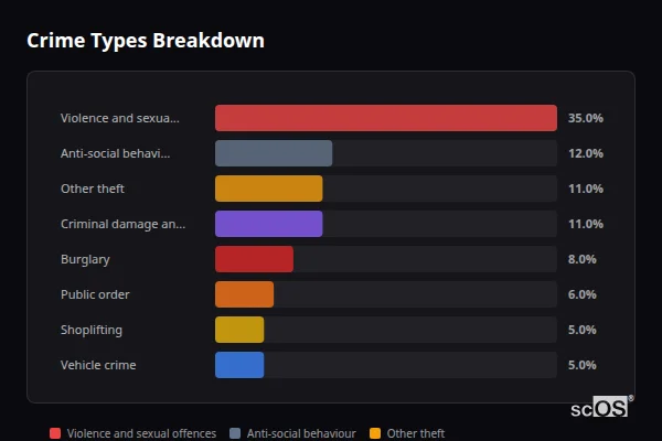 Crime Types Breakdown - Benson Crime Types Breakdown for Benson - showing Violence and sexual offences (35%), Anti-social behaviour (12%), Other theft (11%)