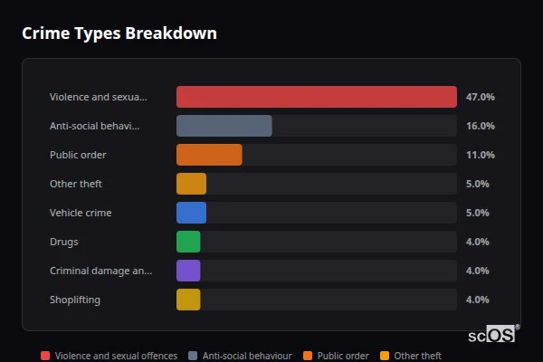 Crime Types Breakdown for Berinsfield - showing Violence and sexual offences (47%), Anti-social behaviour (16%), Public order (11%)