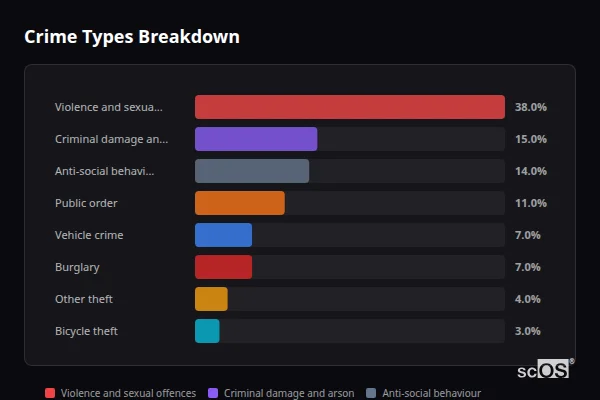 Crime Types Breakdown - Binfield Heath Crime Types Breakdown for Binfield Heath - showing Violence and sexual offences (38%), Criminal damage and arson (15%), Anti-social behaviour (14%)