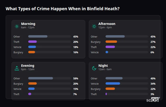 What Types of Crime Happen When in Binfield Heath? Crime types by time period for Binfield Heath - showing breakdown of burglary, violence, theft, and vehicle crime by morning, afternoon, evening, and night