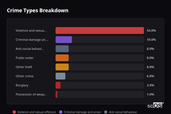 Crime Types Breakdown for Cholsey - showing Violence and sexual offences (54%), Criminal damage and arson (10%), Anti-social behaviour (8%)