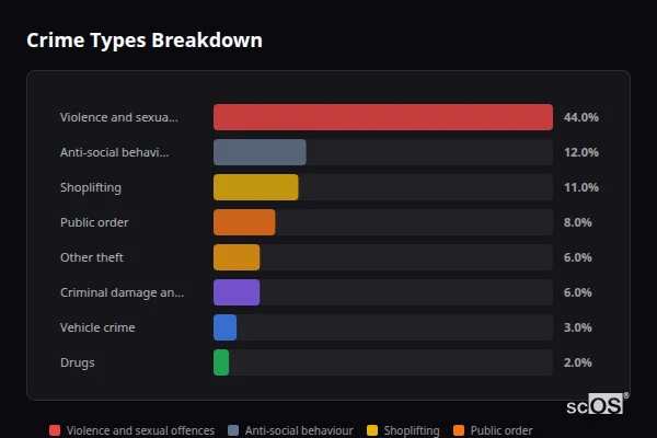 Crime Types Breakdown for Didcot - showing Violence and sexual offences (44%), Anti-social behaviour (12%), Shoplifting (11%)