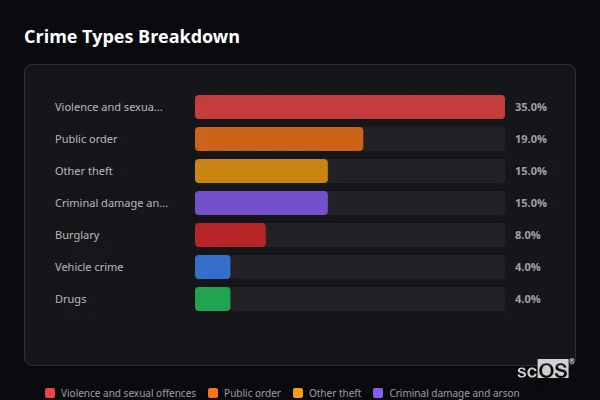 Crime Types Breakdown for Lower Shiplake - showing Violence and sexual offences (35%), Public order (19%), Other theft (15%)
