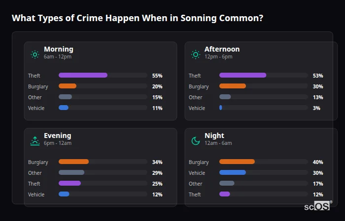 Crime types by time period for Sonning Common - showing breakdown of burglary, violence, theft, and vehicle crime by morning, afternoon, evening, and night