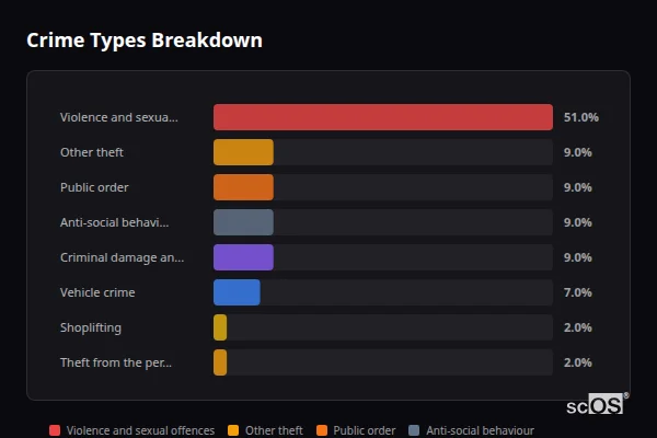 Crime Types Breakdown - Stadhampton Crime Types Breakdown for Stadhampton - showing Violence and sexual offences (51%), Other theft (9%), Public order (9%)