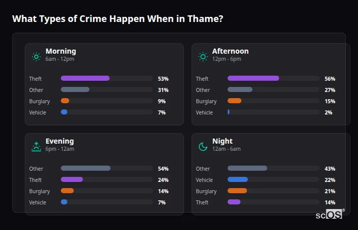 What Types of Crime Happen When in Thame? Crime types by time period for Thame - showing breakdown of burglary, violence, theft, and vehicle crime by morning, afternoon, evening, and night