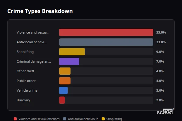 Crime Types Breakdown for Bamber Bridge - showing Violence and sexual offences (33%), Anti-social behaviour (33%), Shoplifting (9%)